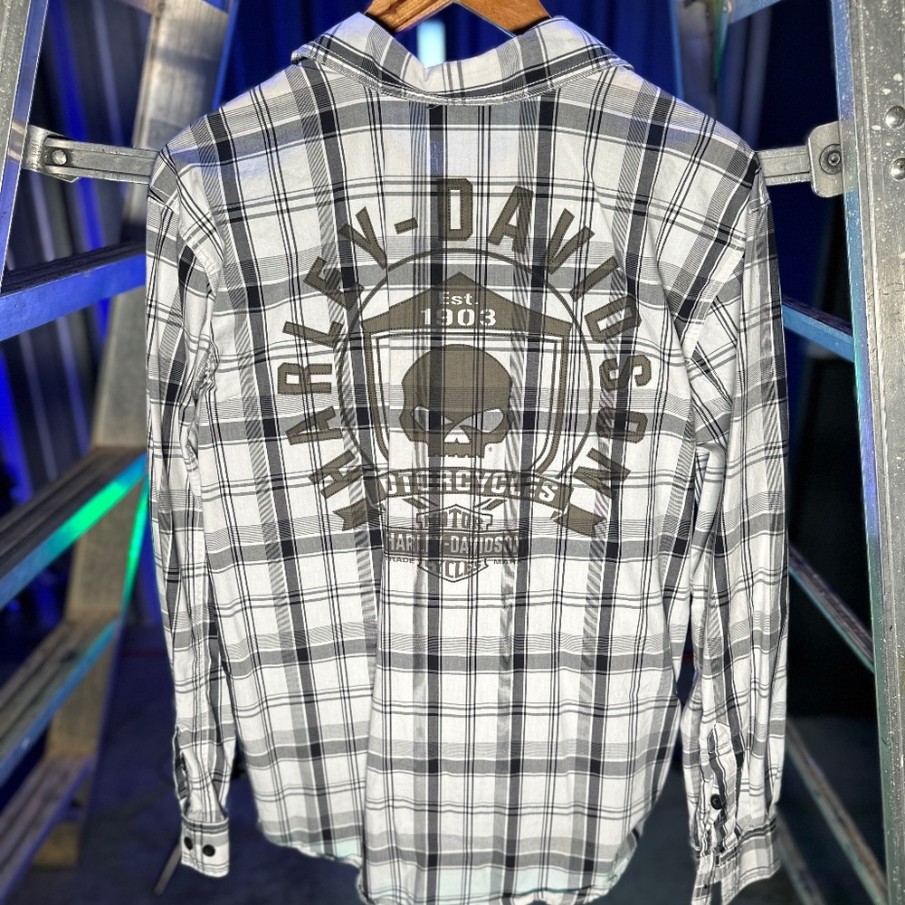 Harley-Davidson Men's Willie G. Skull Shield Plaid Shirt LS, Black/Grey - Picture 5 of 7